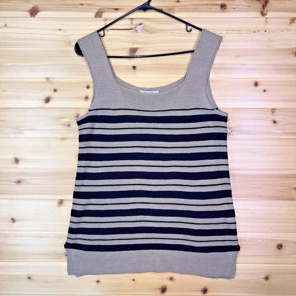 M M LaFleur Tank Top Womens Medium Beige and Black Linen Knit Sleeveless Shirt